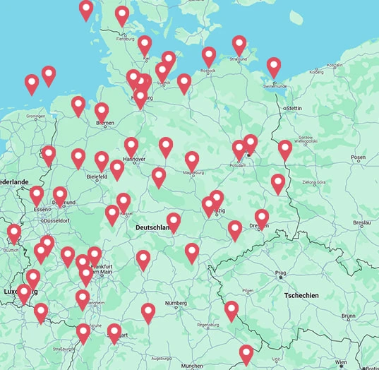 Karte mit allen Spielbanken in Deutschland und Umgebung.