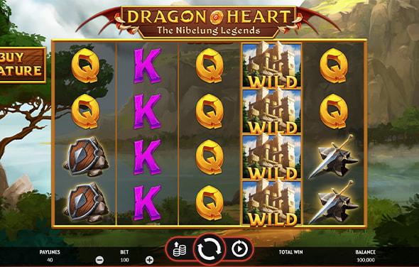 Der Spielbildschirm des Slots Dragonheart – The Nibelung Legends.