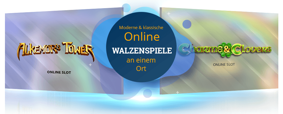 Die Logos der Betsoft Slots Alkemor's Tower und Charms & Clovers.