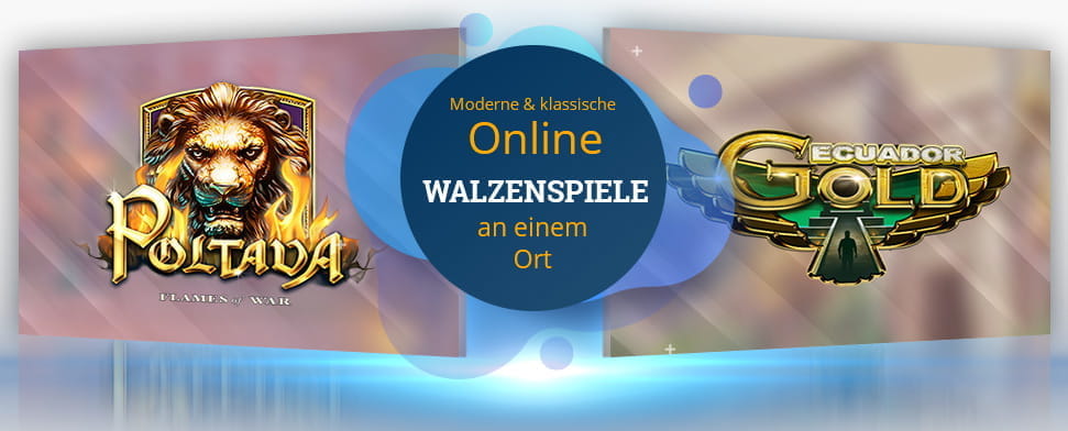 Auf dem Bild sind die Logos der beiden ELK Studios Online Spielautomaten Poltava - Flames of War und Ecuador Gold zu erkennen.