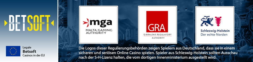 Die Logos der Malta Gaming Authority, der Gibraltar Regulatory Authority und der Lizenzierungsbehörde von Schleswig-Holstein.