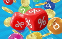 Illustration mit zwei Würfeln mit Prozentzeichen, die umgeben sind von Bingokugeln und Spielmünzen.