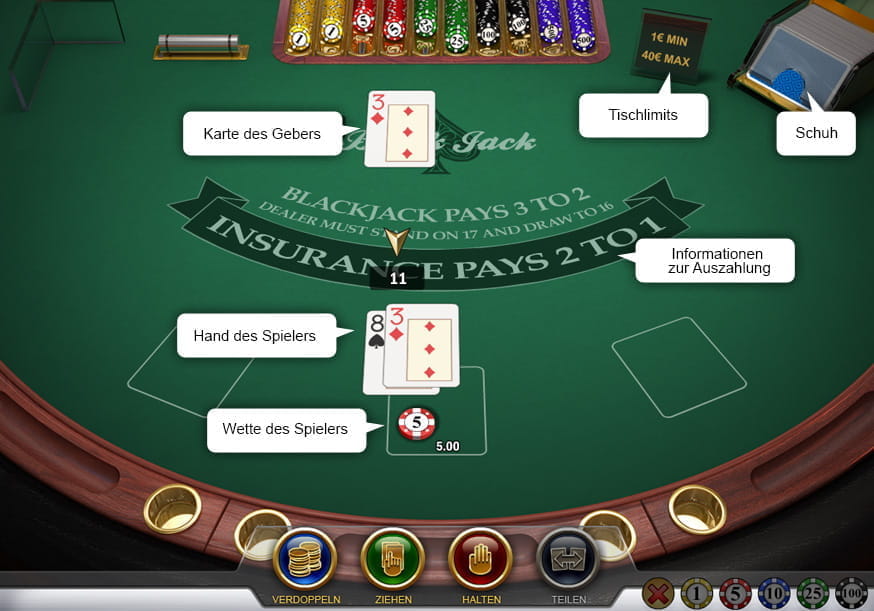 Der Aufbau eines Blackjack Tisches:
Der Einsatz und die Hand des Spielers, die Hand des Dealers, das Tischlimit, der Shoe, und die
Auszahlungsinformationen.
