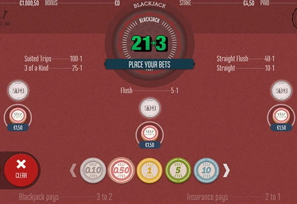 Der Spieltisch von FELTs Spiel 21 +3 Blackjack in der Demo-Version.