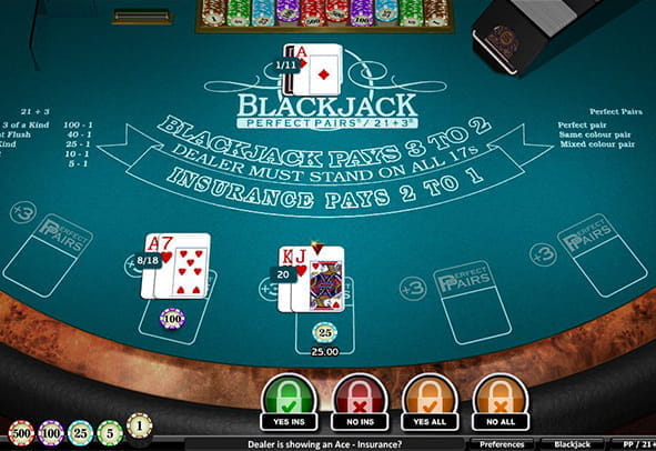 Vorschaubild für die verlinkte kostenlose Demoversion des Online Casinospiels Blackjack Perfect Pairs / 21 + 3 von Realistic Games.
