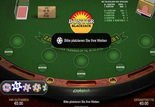 Der Spieltisch von Buster Blackjack vom Software Hersteller Felt mit der Aufforderung die Wetten zu platzieren.