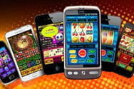 6 Smartphones auf den Online Slots und Tischspiele abgebildet sind.