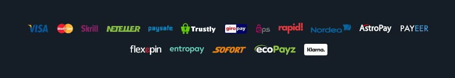 Der Footer einer Casino Webseite mit verfügbaren Zahlungsmethoden.