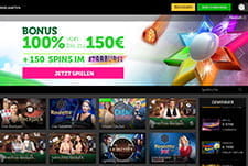 Das Bild zeigt den Startbildschirm vom Live Casino und dem Angebot für neue Spieler. Zu sehen sind die Vorschau von diversen Live Spielen wie Lightning Roulette oder Live Blackjack von Evolution Gaming.