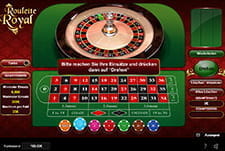 Das Spiel Roulette Royal von Casinoluck. Der Kessel mit dem Tisch und den Jetons sind zum Einsatz bereit.