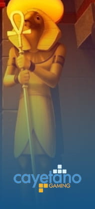 Figur aus der ägyptischen Mythologie und das Cayetano Gaming Logo.
