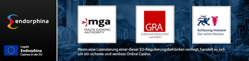 Die Logos der einzelnen Regulierungsbehörden wie der Malta Gaming Authority, die in den Endorphina Onlne Casinos zu finden sind.