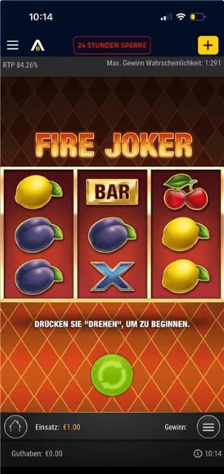 Der Startbildschirm des Fire Joker Slots bei AdmiralBet.
