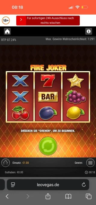 Der Startbildschirm des Fire Joker Slots bei LeoVegas.