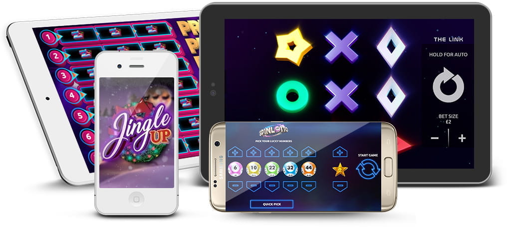 Das Smartphone und das Tablet zeigen die Gluck Games Spiele.