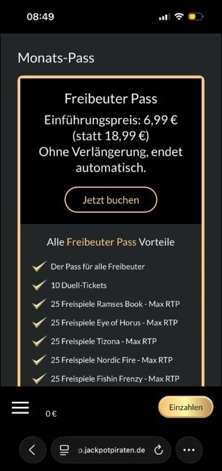 Ein wählbarer Monatspass bei JackpotPiraten in der Premium-Mitgliedschaft.