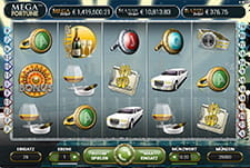Auf diesem Bild sieht man den progressiven Jackpot Spielautomaten Mega Fortune.