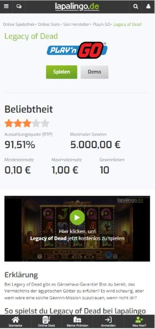 Legacy of Dead beim Lapalingo Casino im Test.