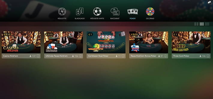 Die Lobby mit den Evolution Gaming Live Poker Spieltischen im All Slots Casino.
