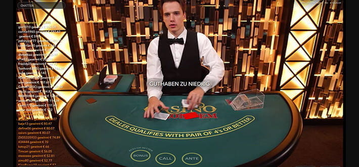 Am Live Casino Hold‘em Spieltisch von Evolution Gaming im Live Bereich des All Slots Casinos werden die Gewinner des letzten Spiels angezeigt.