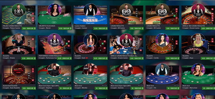 Ein Auszug aus den Live Spielen des Anbieters Ezugi im Betchan Live Casino. Insgesamt sind 24 Live Casino Spieltische zu erkennen, darunter befindet sich ein Casino Hold'em Tisch mit Setzlimits zwischen 0,50€ - 1.600€.