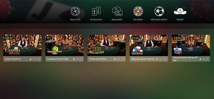 Überblick über das Angebot an Live Poker Spieltischen im Jackpots in a Flash Casino.