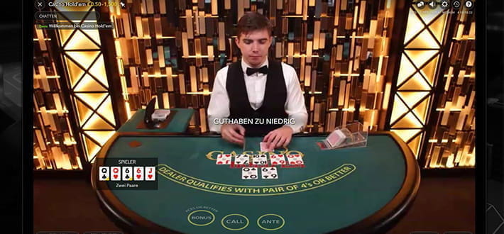 Ein Live Casino Hold’em Spieltisch im Live Bereich des Jackpots in a Flash Casinos, bereitgestellt von Evolution Gaming.