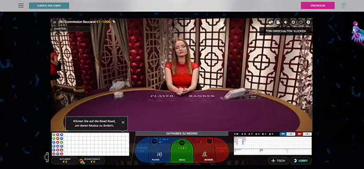 Ein Baccarat Live Spieltisch im Karamba Online Casino.