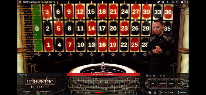 Lightning Roulette von Evolution Gaming im Live Casino von LeoVegas. Die Spielrunde ist gerade beendet und die Gewinner werden angezeigt. Der Dealer steht rechts vom Roulettekessel.