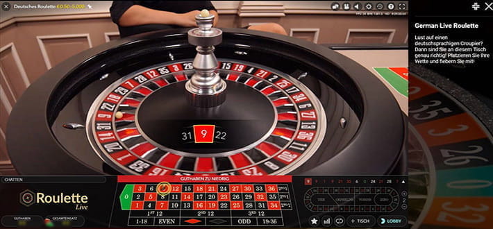 Deutsches Roulette von Evolution Gaming im Live Casino von LeoVegas. Im Bild ist der Roulettekessel zu sehen. Die Kugel ist auf das Fach mit der Nr. 9 gefallen.