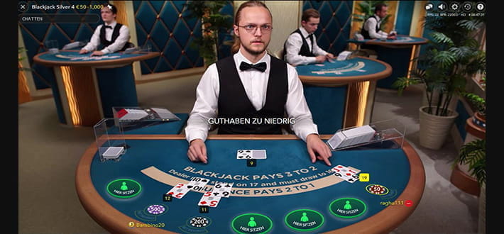 Ein Live Blackjack Silver Spieltisch von Evolution Gaming im Live Bereich vom Mega Casino