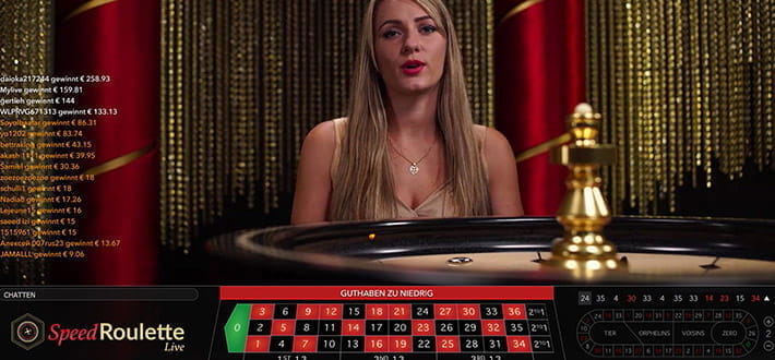 Live Speed Roulette von Evolution Gaming im Live Casino von Partycasino. Eine Runde ist gerade beendet und es werden die Gewinner angezeigt. Der Dealer ist in Großaufnahme hinter dem Roulettekessel zu sehen.