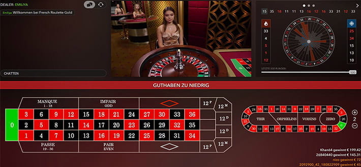 French Roulette Gold von Evolution Gaming im Live Casino von PlayAmo. Neben den Setzfeldern ist links oben eine Spielstatistik zu sehen. Der Dealer ist in einem Fenster oben in der Mitte eingeblendet.