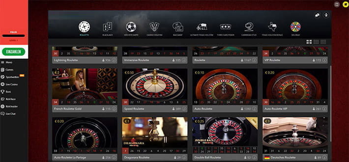 Ein Blick in die Lobby mit den Evolution Gaming Live Roulette Spieltischen im RIZK Casino. Insgesamt sind 12 Spieltische zu erkennen, darunter befinden sich French Roulette Gold und Deutsches Roulette.