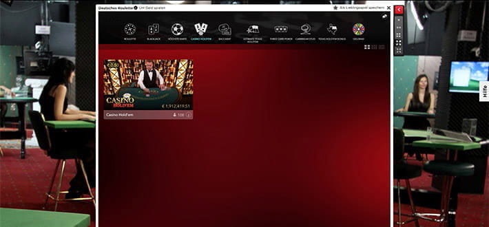 Die Lobby des Live Casino Hold'em Bereichs im Royal Panda Casino. Hier wird Casino Hold'em von Evolution Gaming angeboten, das mit einem Jackpot in Höhe von knapp 2.000.000€ aufwartet.