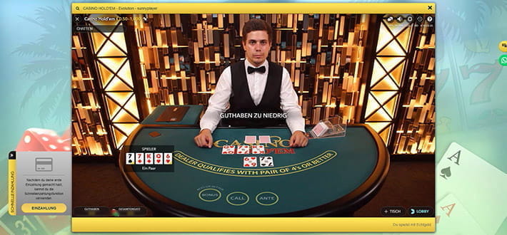 Live Casino Hold'em Spieltisch von Evolution Gaming im sunnyplayer Casino. Das Spiel wird gemäß der Regel gespielt, dass der Dealer mindestens ein 4er Paar aufweisen muss, um überhaupt gewertet zu werden. Aktuell sind seine Karten noch verdeckt, während der Spieler ein 7er Paar auf der Hand hat.