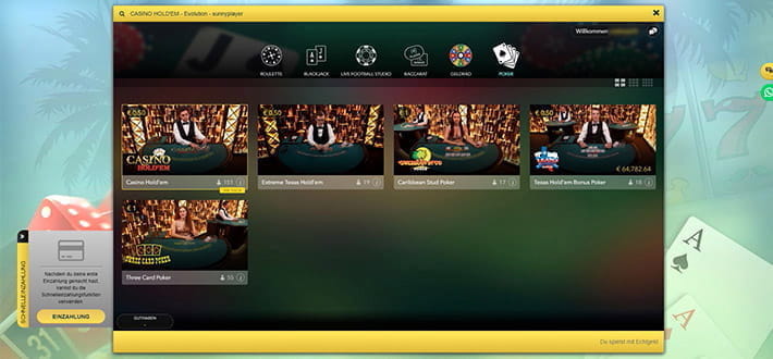 Die Lobby mit den Live Casino Poker Spieltischen von Evolution Gaming im sunnyplayer Casino. Aktuell sind insgesamt 5 Tische geöffnet, darunter ein Casino Hold'em Poker Spieltisch, an dem bereits 151 Gäste spielen. Der Mindesteinsatz liegt hier bei 0,50€.