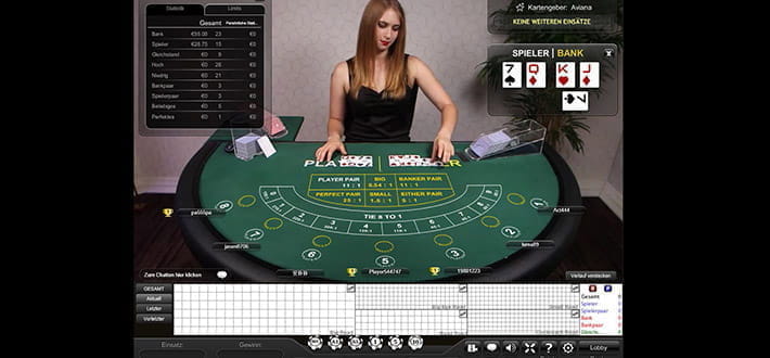 Live Baccarat von Playtech im Live Bereich des Winner Casinos. Unter dem Spieltisch befindet sich das Setztableau. Links im Bild sind einige Spielstatistiken eingeblendet. Rechts ist die aktuelle Kartenverteilung prominent zu sehen.