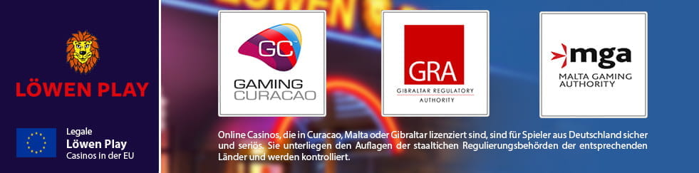 Über der EU Flagge befindet sich das Logo von Löwen Play. Daneben stehen Logos von drei Regulierungsbehörden.