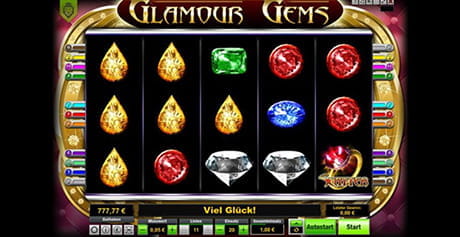 Spielfeld des Spielautomaten Glamour Gems von Löwen Play.