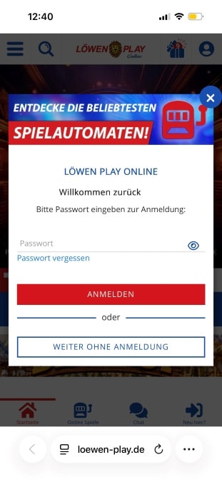 Das Login-Fenster von Löwen Play mit Passwortabfrage und der Option, ohne Anmeldung weiterzustöbern.
