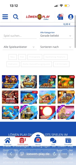 Die Kategorie Gerade beliebt in der Spielelobby von Löwen Play mit RTP-Bannern auf den Slot-Kacheln.