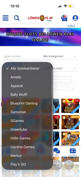 Der Spieleanbieter-Filter bei Löwen Play mit Amatic, Apparat, Bally Wulff, Gamomat, Lionline Games, Merkur und Play'n GO.
