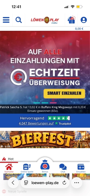 Die Startseite von Löwen Play mit dem Banner zur Echtzeitüberweisung, dem Gewinn-Ticker und der Trustpilot-Wertung.