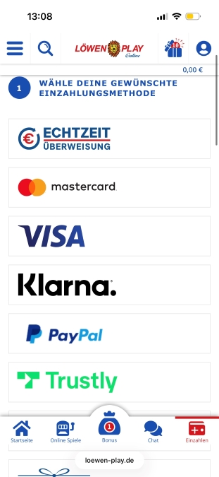 Die Einzahlungsmethoden im Kassenbereich von Löwen Play: Echtzeitüberweisung, Mastercard, Visa, Klarna, PayPal und Trustly.
