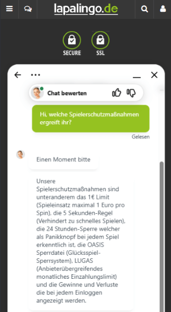 Ein Live-Chat-Verlauf, der die Antwort des Kundenservice zum Thema Spielerschutzmaßnahmen belegt.