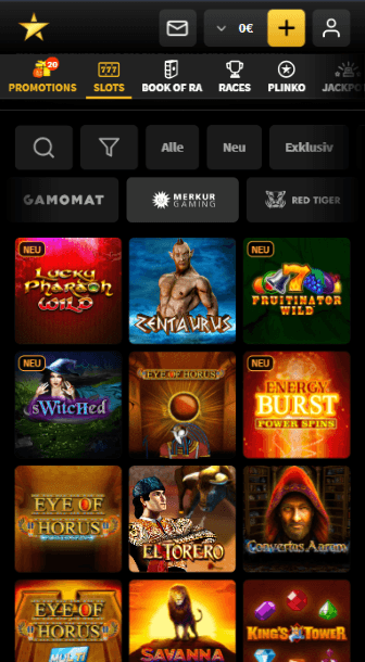 Screenshot der Spielelobby eines Merkur Casinos, gefiltert nach dem Anbieter Merkur, der die große Auswahl an Slots zeigt.