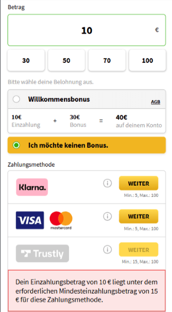 Screenshot des Kassenbereichs, der eine Mindesteinzahlung von 10€ im Merkur Online Casino zeigt.