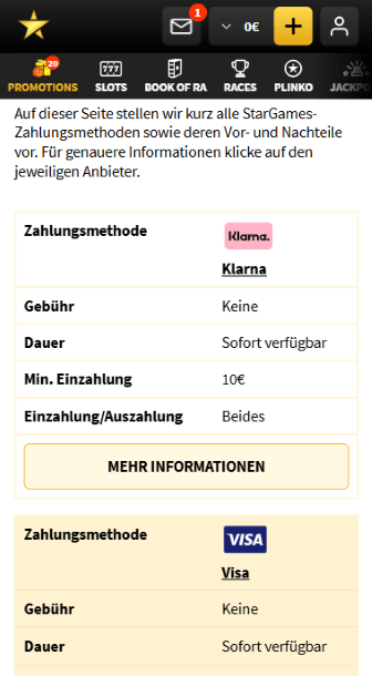 Übersicht der verfügbaren Zahlungsmethoden im Kassenbereich, inklusive Klarna, Visa und PayPal.