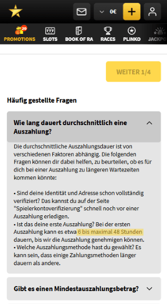 Auszug aus den FAQ eines Merkur Casinos, der eine maximale Bearbeitungszeit für Auszahlungen von 48 Stunden bestätigt.